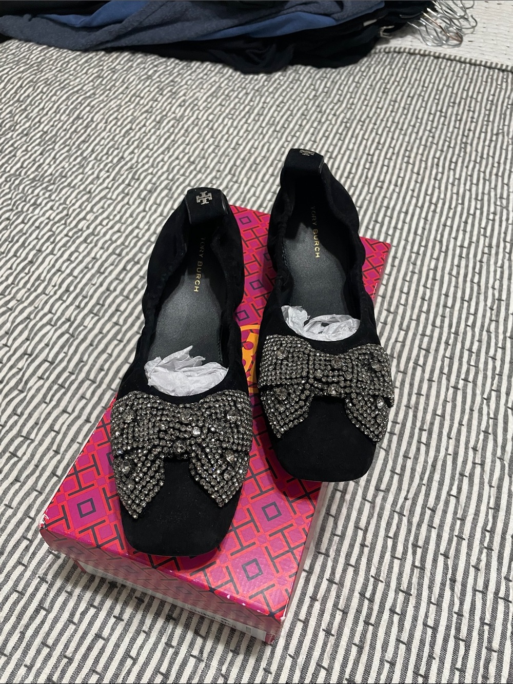 Tory Burch Black Crystal Bow Ballet Flats